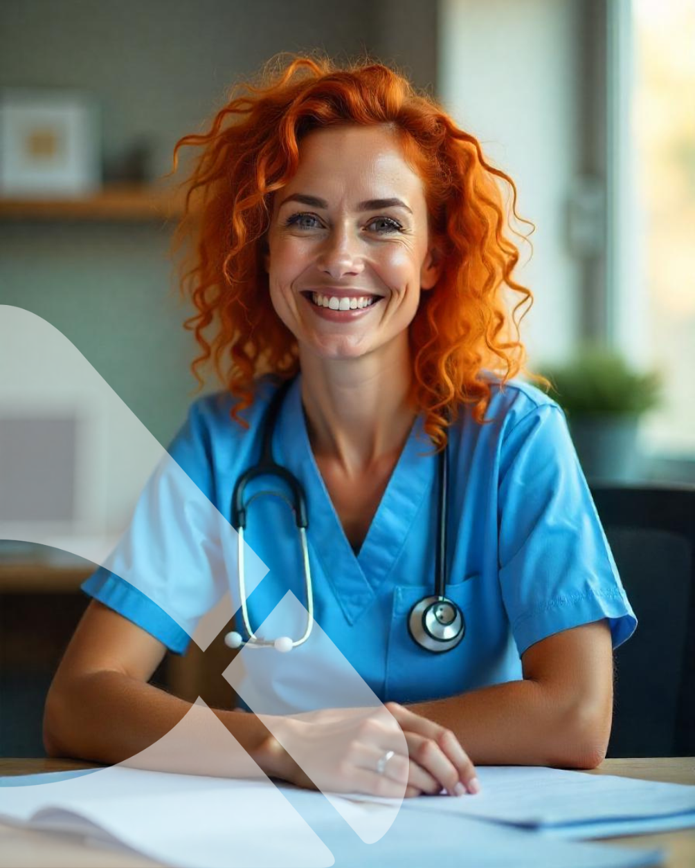 Enfermeira sorridente de uniforme azul, com estetoscópio, sentada à mesa escrevendo em um papel.