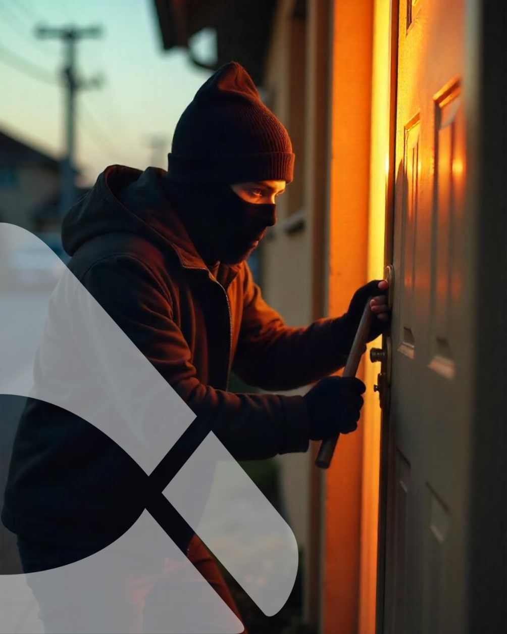 Ladrão mascarado arrombando uma porta ao entardecer com um pé de cabra.