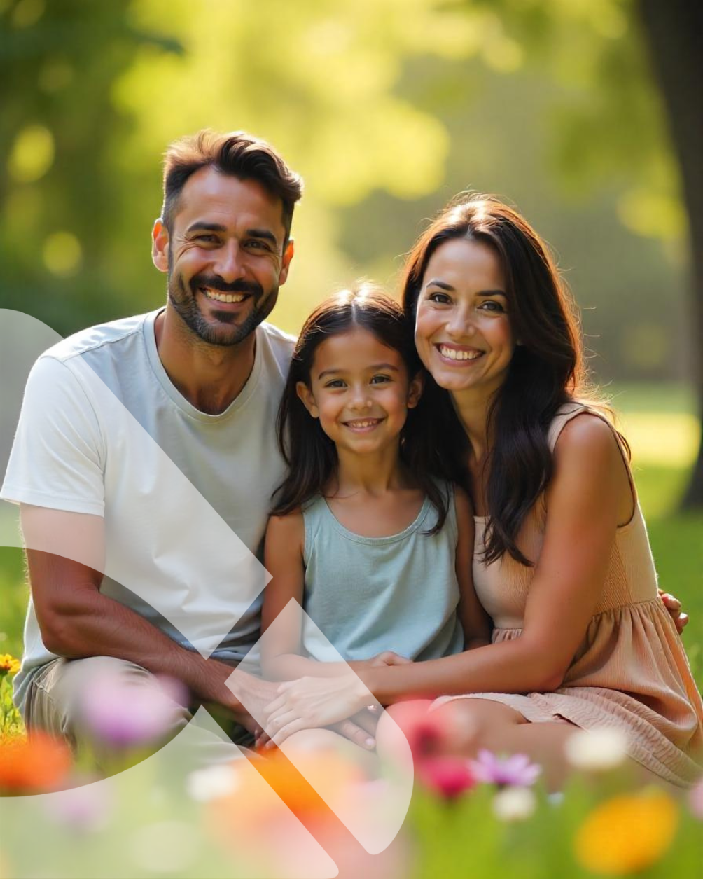 Uma família de três pessoas sentada junta em um jardim ensolarado, sorrindo em meio a flores coloridas.