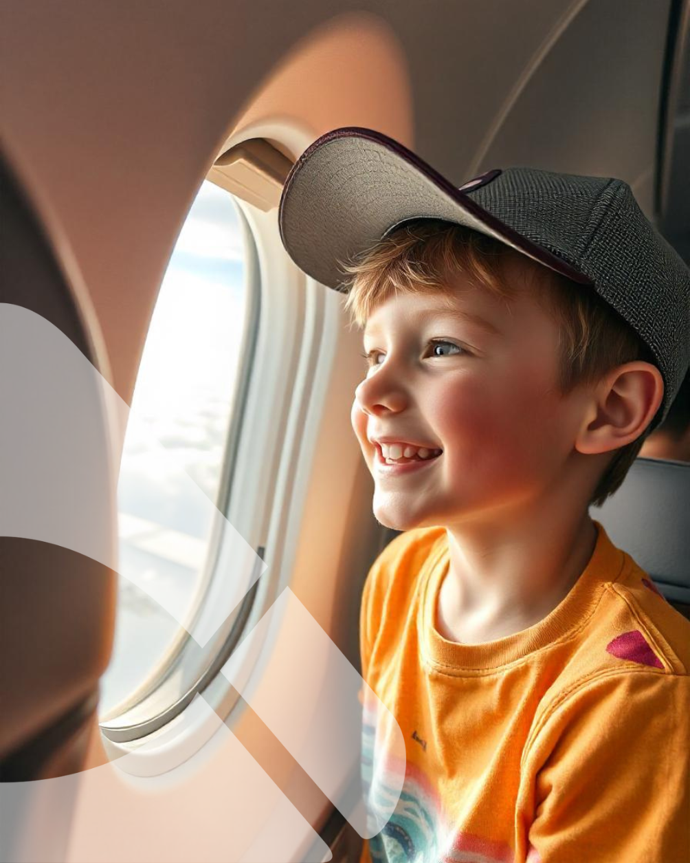 Criança sorridente com camisa e boné laranja olhando pela janela de um avião.