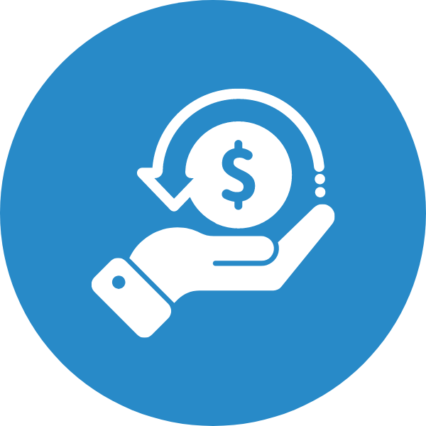 Ícone circular azul de uma mão segurando um símbolo de dólar com uma seta circular ao redor, sugerindo apoio financeiro ou reciclagem.
