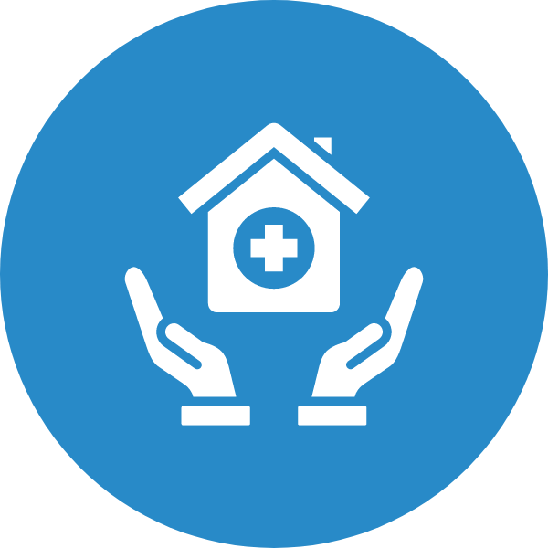Ícone circular azul de mãos protegendo uma casa com uma cruz médica, simbolizando cuidados de saúde ou assistência domiciliar.