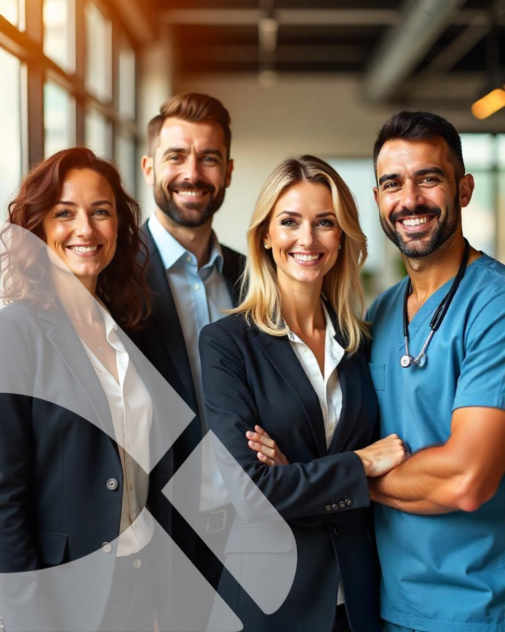 Quatro colegas de trabalho sorridentes, de braços cruzados e de frente para a câmera, em um corredor do escritório.