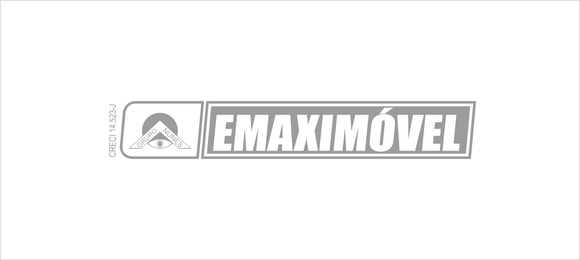 Logotipo da Emaximóvel em tons de cinza com um ícone de casa dentro de uma moldura retangular.