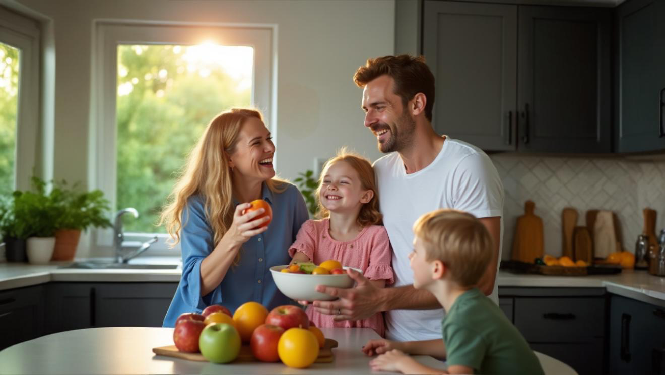 Família compartilhando frutas em uma cozinha iluminada, sorrindo ao redor de uma mesa com maçãs e laranjas.
