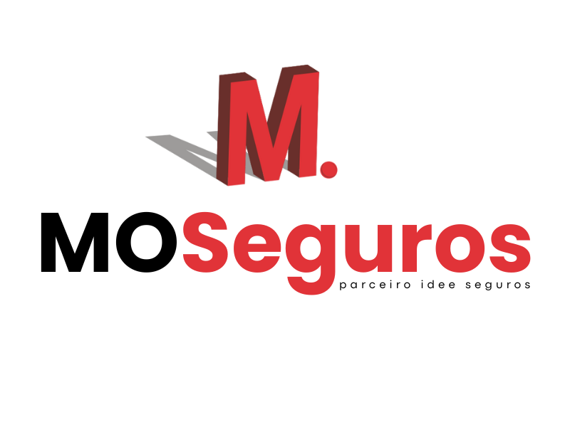 Logotipo da MO Seguros em preto e vermelho com um M estilizado em vermelho acima do nome e um pequeno slogan abaixo.
