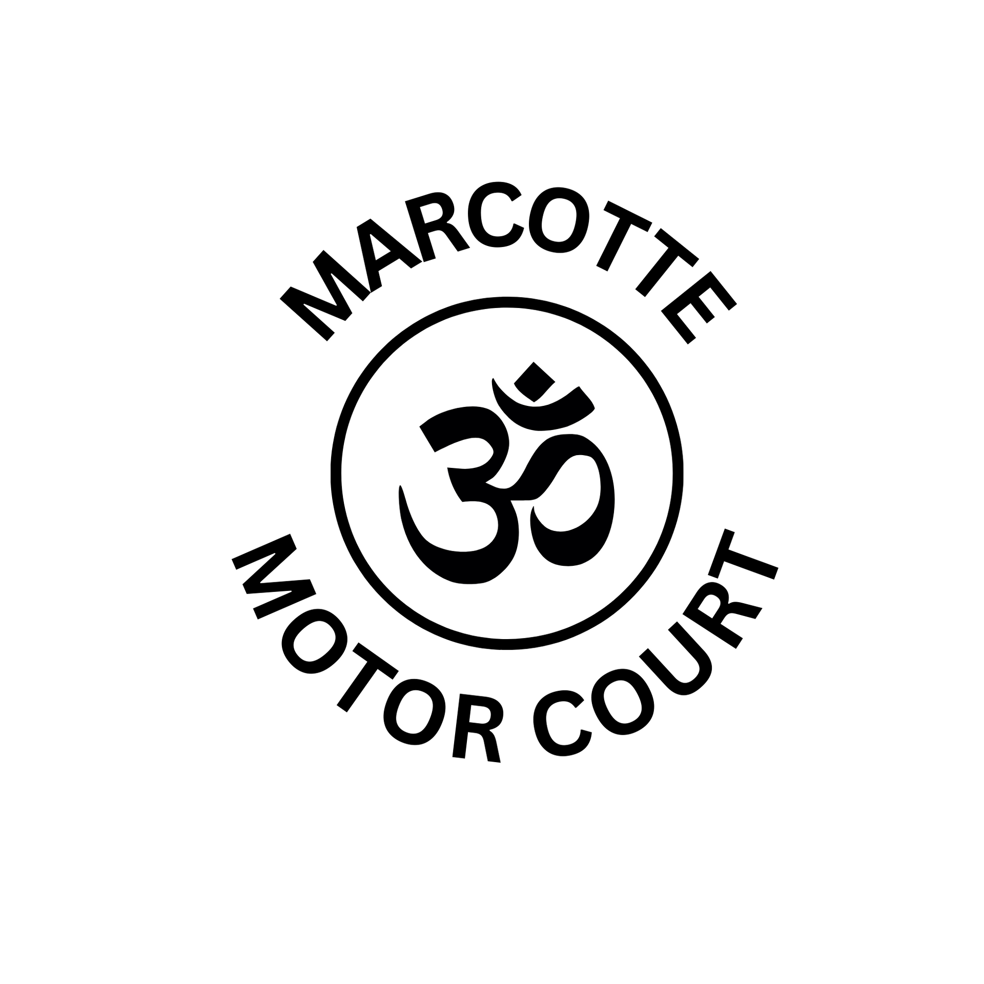 A black and white logo for marcotte motor court with an om symbol in the center.