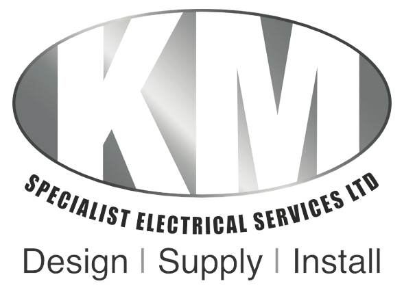 KM Specialist Electrical Services logo with silver initials, text 