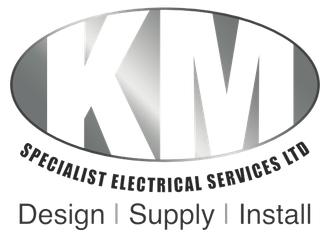 KM Specialist Electrical Services logo with silver initials, text