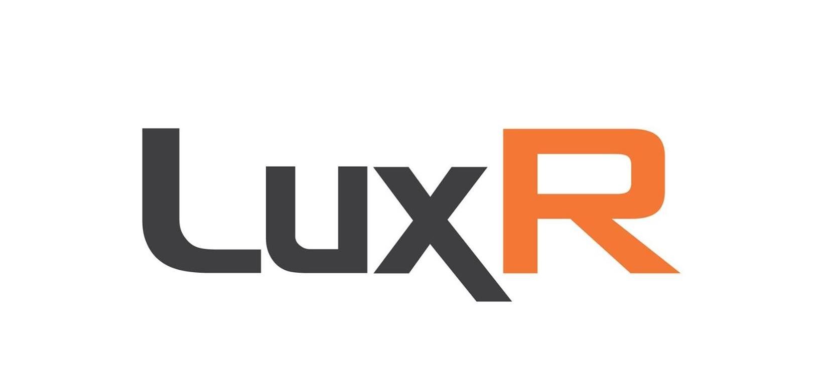 Logo of LuxR, text in dark gray and orange.