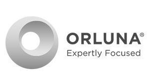 Logo: Gray, abstract orb shape beside 