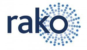 Logo for Rako, a company with navy blue text and a blue burst design on the right.