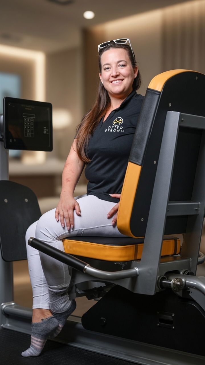 Woman seated on a rehabilitation machine in a clinic, smiling at the camera.