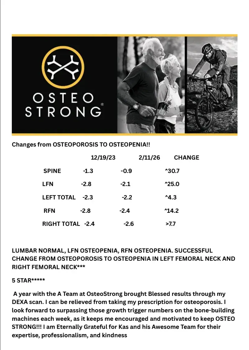 OsteoStrong ad with black logo panel, grayscale exercise photos, and small promotional text underneath