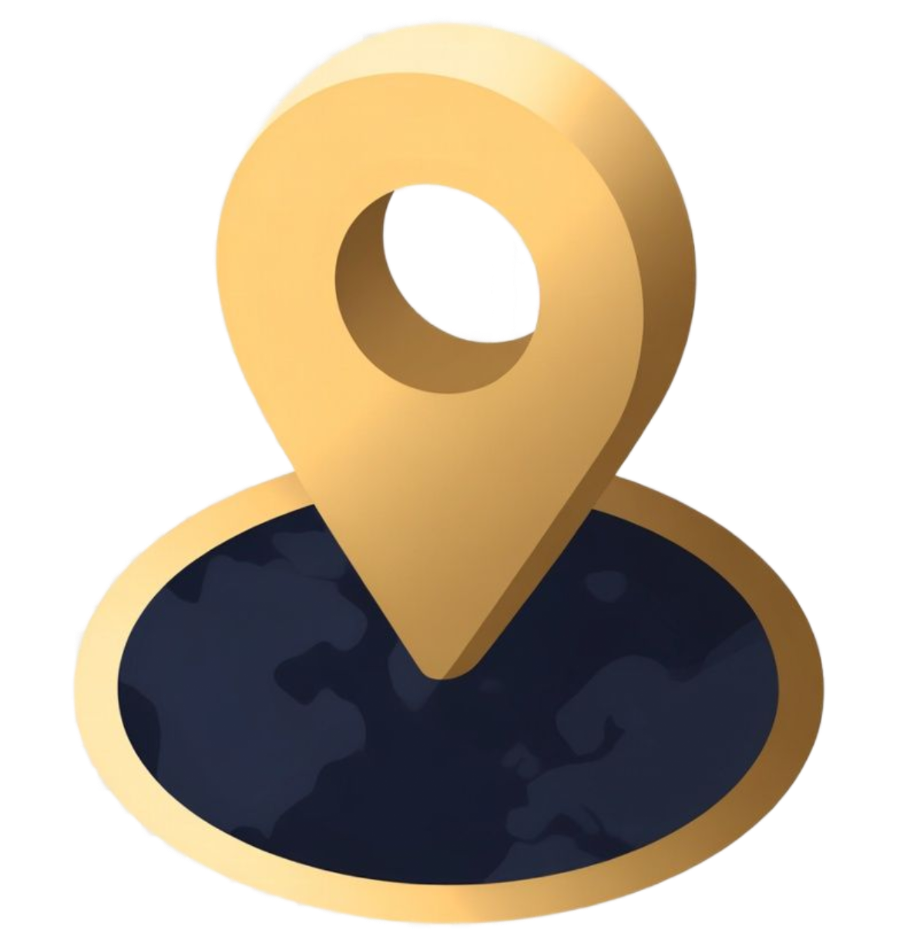 Gold location pin on a dark blue oval map icon