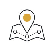 Map with three location pins and connected route, black outline with yellow center pin