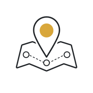 Map with three location pins and connected route, black outline with yellow center pin
