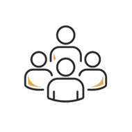 Outlined group of four people icons in black and orange on a white background