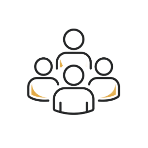 Outlined group of four people icons in black and orange on a white background