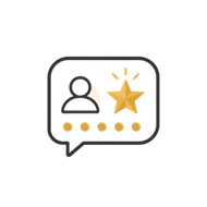 Chat bubble with user icon, gold star, and rating dots