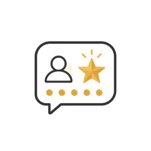 Chat bubble with user icon, gold star, and rating dots