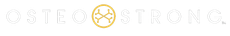 OSTEO STRONG logo with light gray text and a gold circular bone icon on a white background