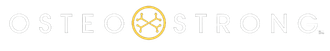 OSTEO STRONG logo with light gray text and a gold circular bone icon on a white background