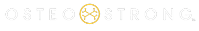OSTEO STRONG logo with light gray text and a gold circular bone icon on a white background