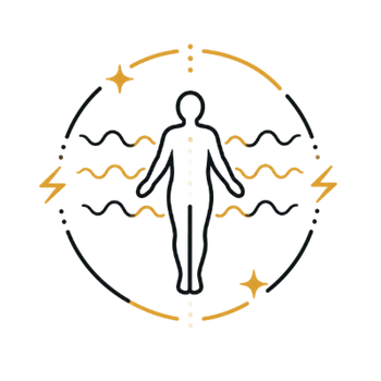 Outlined human figure with golden and black wavy lines and sparkles inside a circular design