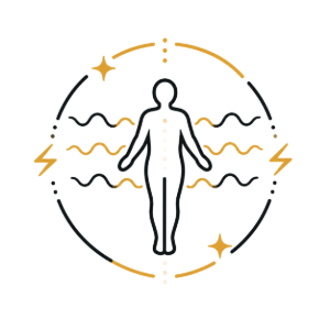 Stylized black and gold human figure inside a circle with wavy lines and sparkles