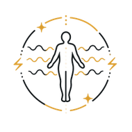 Outlined human figure with golden and black wavy lines and sparkles inside a circular design