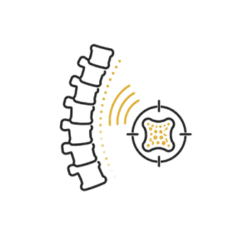 Spine and disc diagram with yellow pain waves radiating toward a crosshair target.