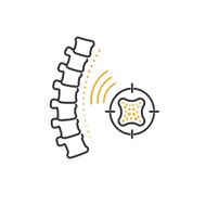 Spine vertebrae with yellow signal waves toward a crosshair target around a spinal cord cross-section