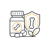 Dog bone supplement bottle with pills, shield, and leaves in white and gold outline