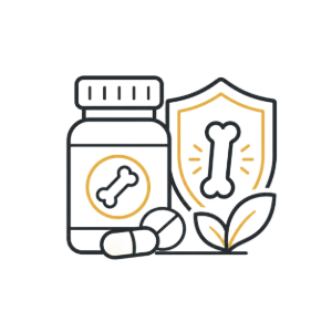 Dog bone supplement bottle with pills, shield, and leaves in white and gold outline