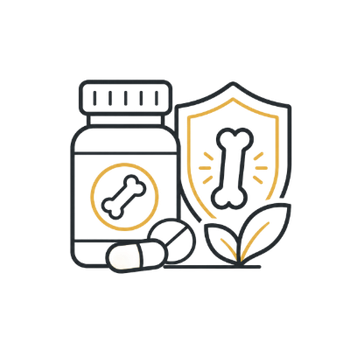 Dog bone supplement bottle with pills, shield, and leaves in white and gold outline