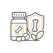 Pet food supplement icon: bottle, capsule, shield, and dog bone in black, gold, and white