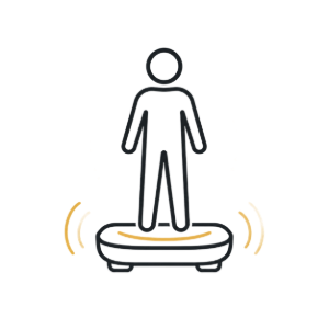 Person standing on a vibrating platform with orange motion lines