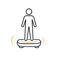 Person standing on a vibrating platform with motion lines around it