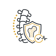 Spine and hip shield icon with dotted line and checkmark, suggesting back protection or health care use