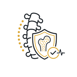 Spine and hip shield icon with dotted line and checkmark, suggesting back protection or health care use