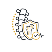 Spine shield icon with dotted vertebrae and checkmark, suggesting back health protection