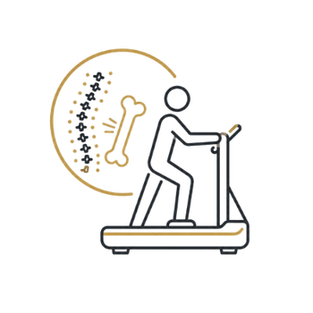 Person walking on a treadmill next to a bone and spine health icon