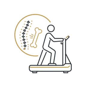 Person walking on treadmill with bone and spine icons, suggesting exercise and bone health.