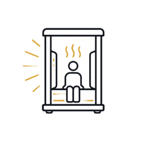 Person inside a sauna with heat waves and warm yellow light rays