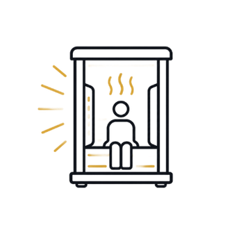 Person inside a sauna with heat waves and warm yellow light rays