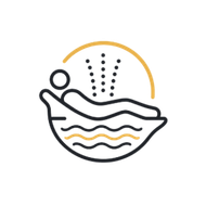 Minimal spa icon of a person reclining in a bath with steam and gold wavy lines