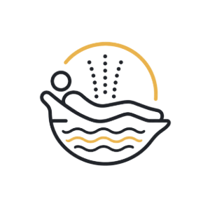 Minimal spa icon of a person reclining in a bath with steam and gold wavy lines