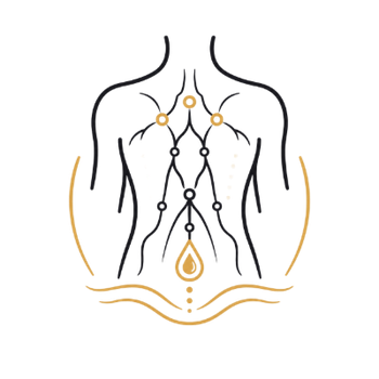 Stylized torso outline with chakra-like points and gold accents, centered on a white background