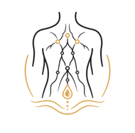 Stylized torso outline with chakra-like points and gold accents, centered on a white background